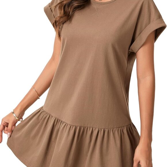 Women's Cotton Patchwork Mini Dress Short Sleeve Crewneck Casual - Picture 3 of 6